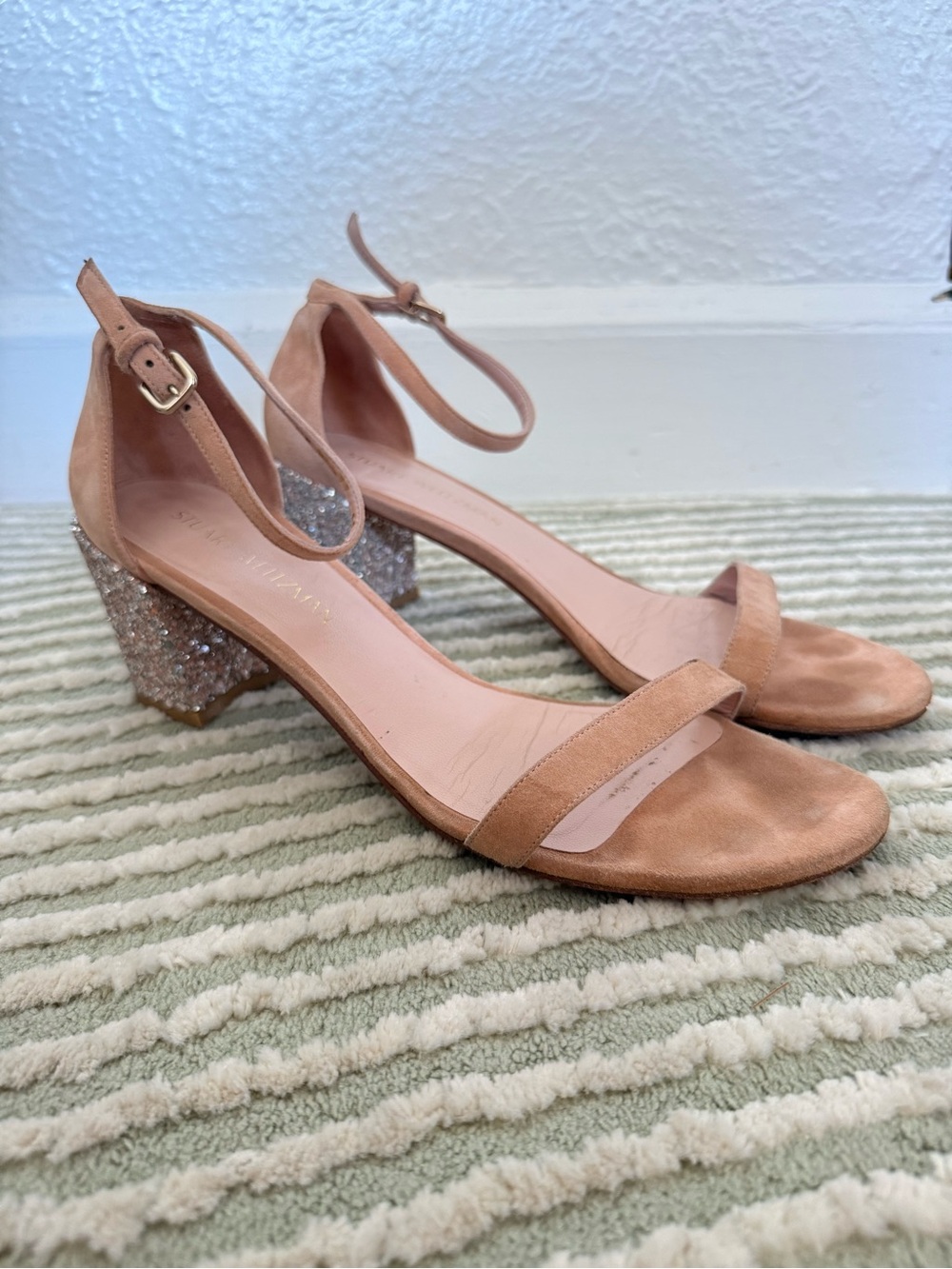 Stuart Weitzman Ankle-Strap Block Heel Sandals with Glitter Heel in Nude